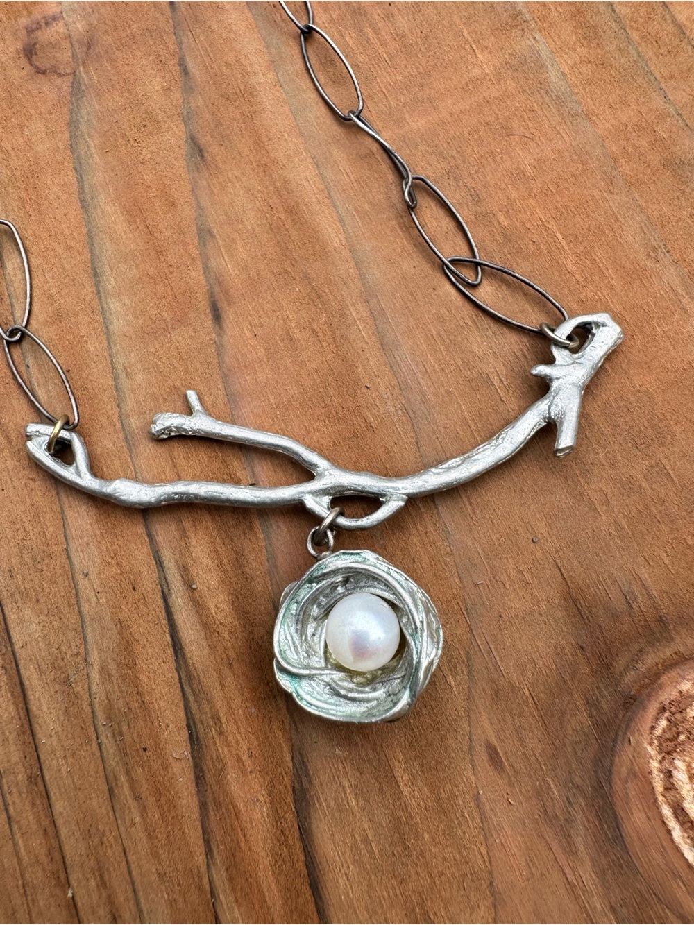 Silver Branch Necklace with White Pearl Nest Pendant